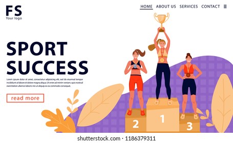 Sport Award Concept Of Ceremony Of Awarding Trophy. Winners On The Podium With Award Cup And Medals. Landing Page Template. Vector Flat Illustration.