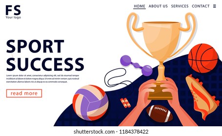 Sport award concept with gold award cup and sports equipment. The hands holding gold award cup. Landing page template. Vector flat illustration.