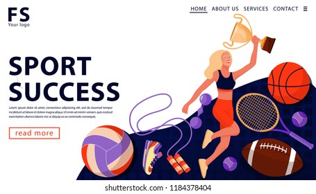 Sport award concept with happy sport athlete holding gold award cup and sports equipment. Sport and healthy lifestyle concept. Landing page template. Vector flat illustration.