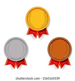 Sport award medal gold silver bronze sport 1st 2nd 3rd place red ribbon set icons vector illustration
