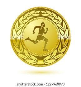 Sport award medal template, decorated with floral element and running man silhouette in the center.