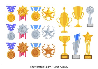 Sport award. Trophy cup and goblet, star with wreath pendant and strap, hanging medal for first, second and third place. Golden, silver, bronze sport or game winner award item isolated set on white