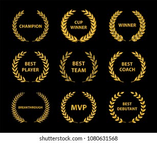 Sport Awards and best nominee gold award wreaths on dark background. Vector illustration.