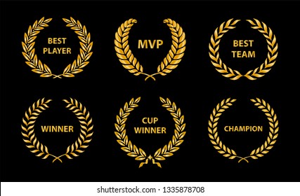 Sport Awards and best nominee gold award wreaths on dark background. Vector illustration.