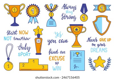 Sport awards doodle elements. Motivation lettering phrases, trophies and medals. Championship trophy, winner competition neoteric vector award