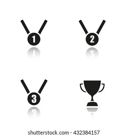 Sport awards drop shadow black icons set. 1st, 2nd and 3rd place medals, winner's cup. Isolated vector illustrations