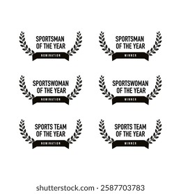 Sport awards nomination and winners - best sportsman, sportswoman, team of the year - black and white vector icon set