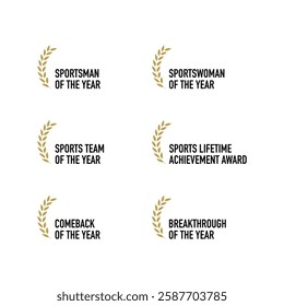 Sport awards nomination and winners - best sportsman, sportswoman, team, lifetime achievement, comeback, breakthrough - black, golden and white vector icon set