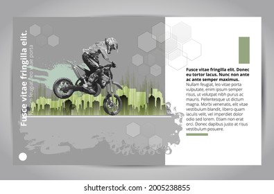 Sport background with active man riding motobike ready for internet banners, social media banners, headers of websites, vector illustration 