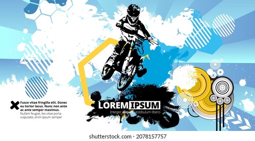 Sport background with active man riding motobike for internet banners, social media banners, headers of websites, vector illustration 