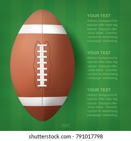 Sport background of american football ball on green grass pattern of football field. Vector illustration.