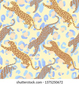 Sport background. Animal seamless pattern. Leopard silhouettes background in a geometric print. Leopard spots fur background. Good for textile, fabric, apparel or wrapping.