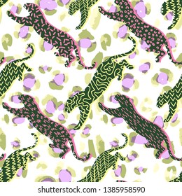 Sport background. Animal seamless pattern. Leopard silhouettes background in a geometric print. Leopard spots fur background. Good for textile, fabric, apparel or wrapping.