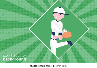 Sport background. Baseball cartoon character in flat style. Baseball player with glove and ball. Retro style.  Pitcher. Vector Illustration