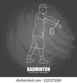 sport background design. illustration of badminton player in Serving action. chalk drawing style.