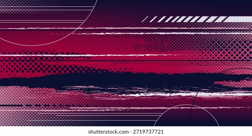Sport background with dynamic red and black halftone patterns, grunge brush strokes and geometric shapes. Abstract athletic design with gradient transitions, dot texture and energetic sporty elements