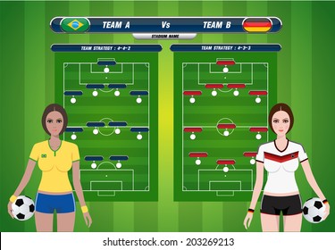 Sport background, Girl with soccer playing field elements. Vector illustration. 