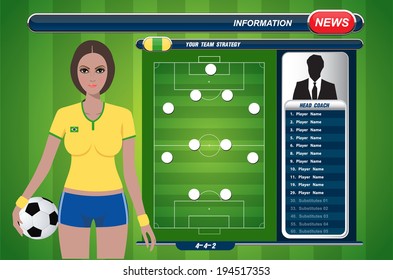 Sport background, Girl with soccer strategy elements. Vector illustration.