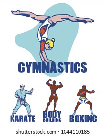Sport background. Gymnastics, karate, bodybuilding, boxing. Vector illustration