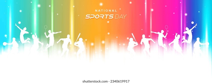 antecedentes deportivos, concepto de celebración del día nacional del deporte, con ornamento geométrico abstracto e ilustración del deportista jugador de fútbol, badminton, baloncesto, béisbol, tenis, voleibol