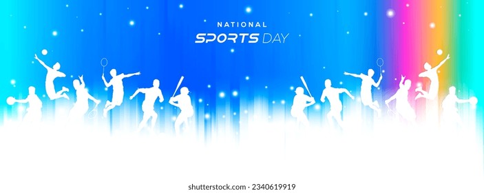 sport background, national sports day celebration concept, with abstract geometric ornament and illustration of sports athlete football player, badminton, basketball, baseball, tennis, volleyball