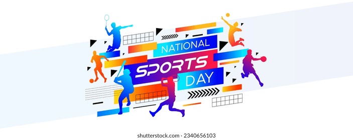 sport background, national sports day celebration concept, with abstract geometric ornament and illustration of sports athlete football player, badminton, basketball, baseball, tennis, volleyball