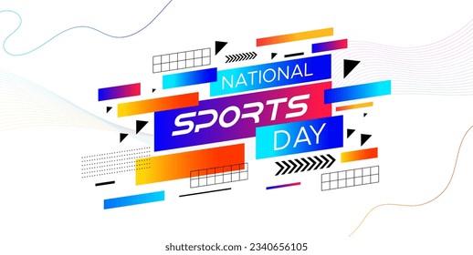 Sporthintergrund, nationales Sporttagsfest-Konzept, mit abstraktem geometrischem Ornament und Illustration von Sportsportlern Fußball-Spieler, Badminton, Basketball, Baseball, Tennis, Volleyball