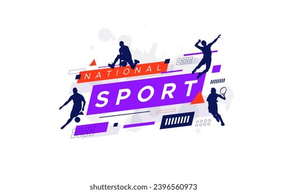 Sporthintergrund, nationales Sporttagsfest-Konzept, mit abstraktem geometrischem Ornament und Illustration von Sportsportlern, Basketball, Tennis, Volleyball