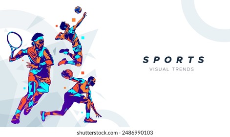 fondo del deporte, concepto de celebración del día nacional del deporte, con el adorno geométrico abstracto y la ilustración del atleta deportivo, jugador de fútbol, bádminton, baloncesto, béisbol, tenis, voleibol