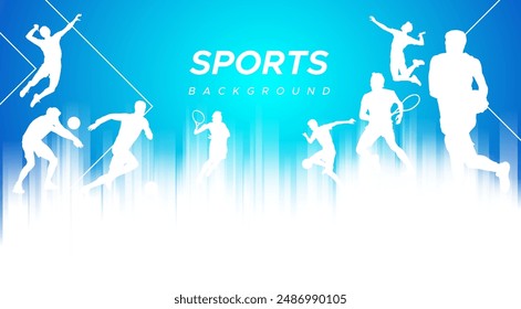 sport background, national sports day celebration concept, with abstract geometric ornament and illustration of sports athlete football player, badminton, basketball, baseball, tennis, volleyball