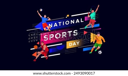 sport background, national sports day celebration concept, with abstract geometric ornament and illustration of sports athlete football player, badminton, basketball, baseball, tennis, volleyball