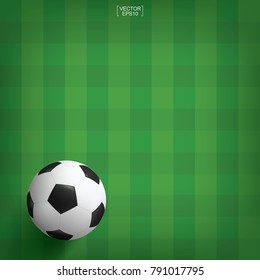 Sport background of soccer football ball on green grass pattern of soccer field. Vector illustration.
