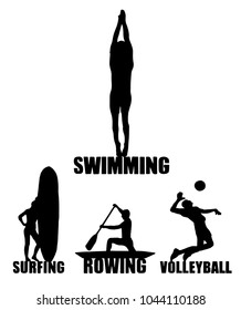 Sport background. Swimming, surfing, roving, volleyball. Vector illustration