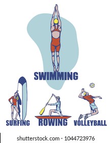 Sport background. Swimming, surfing, roving, volleyball. Vector illustration