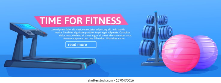 Sport background with treadmill for running and balls. Time for fitness banner design. Vector cartoon illustration