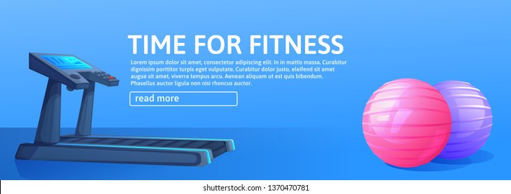 Sport background with treadmill for running and balls. Time for fitness banner design. Vector cartoon illustration