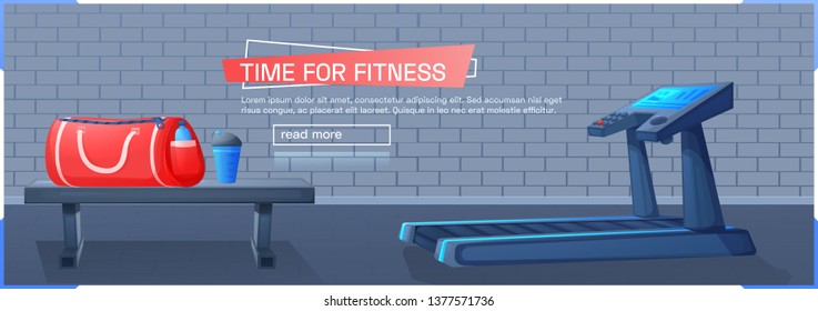 Sport background with treadmill for running . Time for fitness banner design. Vector cartoon illustration