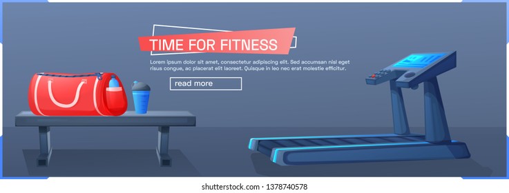 Sport background with treadmill for running . Time for fitness banner design. Vector cartoon illustration
