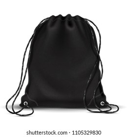 Sport backpack, backpacker bag with drawstrings. 3d black schoolbag. Isolated vector illustration. Knapsack and rucksack, backpacking shoulder