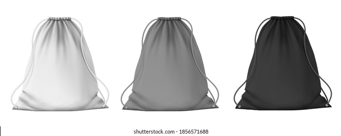 Sport backpack mockup. School blank drawstring bags with strings for clothes and shoes. Realistic 3D white, gray and black pouch vector set. Illustration bag school, backpack mockup