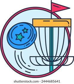 Sport badge. Disc golf sport game flies directly into basket marked with red flag. Sport and active lifestyle. Simple colored stroked vector icon isolated on white background