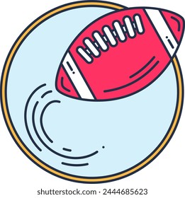 Sport badge. Flying oval ball for playing rugby or American football. Sport and active lifestyle. Simple colored stroked vector icon isolated on white background
