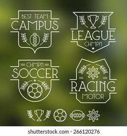 Sport badges and icons in thin line style. Graphic design for t-shirt. White lines on a blurred background