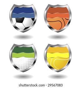 Sport badges ornamented with balls over white background