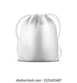 Sport bag, drawstring backpack model, vector 3D realistic isolated mockup template. Modern white or silver gray blank drawstring bag pack, school, gym and fitness pouch mock up with ropes