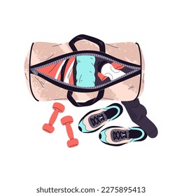 Sport bag, open fitness luggage with workout clothes, equipment for gym. Athletes baggage with contents, water bottle, towel, trainers, dumbbells. Flat vector illustration isolated on white background