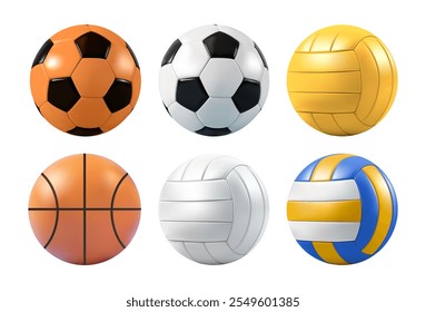 Icono de Vector 3d de pelota deportiva. Baloncesto, voleibol, fútbol emoji set. Equipo de juego realista de la escuela, ilustración aislada del equipo del tren. Canasta americana, elemento del emoticono de la historieta del polo