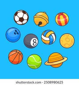 Bola De Deporte, Campana Y Planeta Colección Ilustración De Vector De Dibujos Animados. Concepto de icono de Ciencia deportiva Vector de Premium aislado. Estilo plano de la historieta