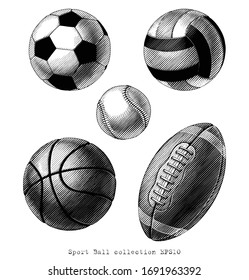 Dibujo a mano de la colección Sport Ball estilo vinatra clip blanco y negro aislado en fondo blanco