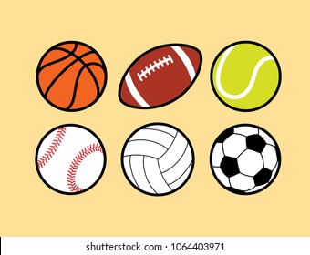 Sport ball collection. Tennis ball, football, basketball, volleyball, soccer ball, rugby and baseball. Simple cute image set. Ball icon vector illustration. Flat sport logo design elements.